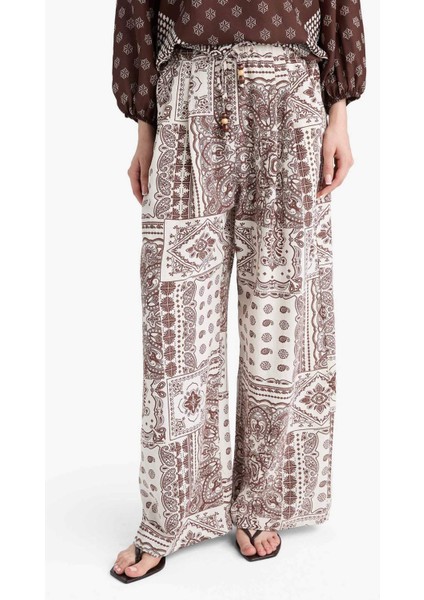 Wide Leg Cep Detaylı Geniş Paça Keten Karışımlı Desenli Pantolon F9266AX25AU fırsatları