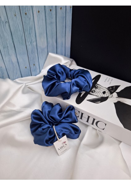 2'li Lüks Kadın Saten Toka - Derin Mavi - Lastik Model Scrunchie - Anne Kız Kombini