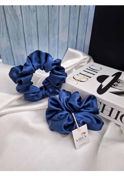 2'li Lüks Kadın Saten Toka - Derin Mavi - Lastik Model Scrunchie - Anne Kız Kombini fiyatları
