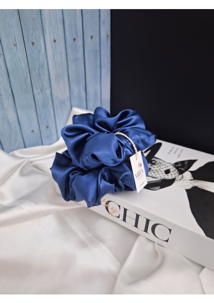 2'li Lüks Kadın Saten Toka - Derin Mavi - Lastik Model Scrunchie - Anne Kız Kombini modelleri