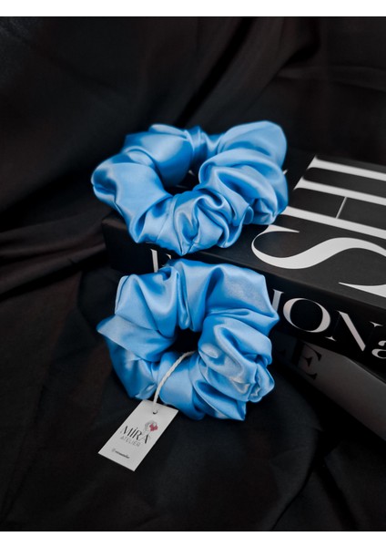 2'li Lüks Kadın Saten Toka - Mavi Inci - Lastik Model Scrunchie - Anne Kız Kombini