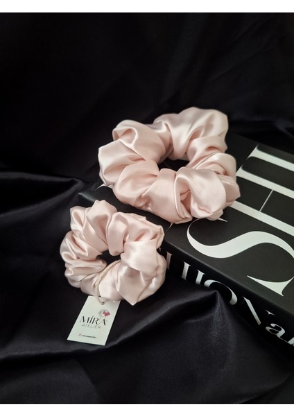 2'li Lüks Kadın Saten Toka - Pudra Düşü - Lastik Model Scrunchie - Anne Kız Kombini