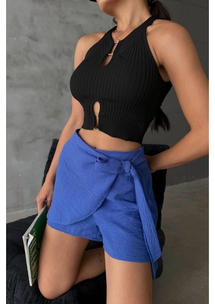 Mavi Keten Bağlama Detaylı Yüksek Bel Slim Günlük Fermuarlı Şık Trend Yazlık Mini Şort Etek