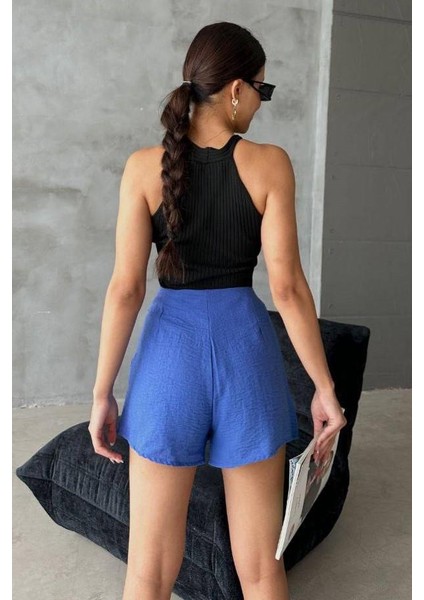 Mavi Keten Bağlama Detaylı Yüksek Bel Slim Günlük Fermuarlı Şık Trend Yazlık Mini Şort Etek fiyatları