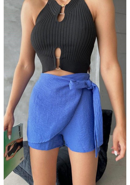 Mavi Keten Bağlama Detaylı Yüksek Bel Slim Günlük Fermuarlı Şık Trend Yazlık Mini Şort Etek modelleri