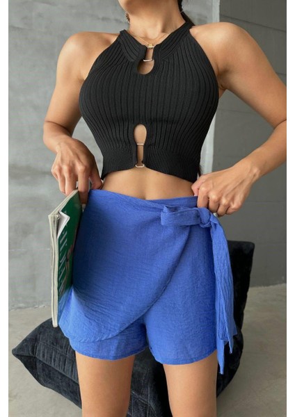 Mavi Keten Bağlama Detaylı Yüksek Bel Slim Günlük Fermuarlı Şık Trend Yazlık Mini Şort Etek fırsatları