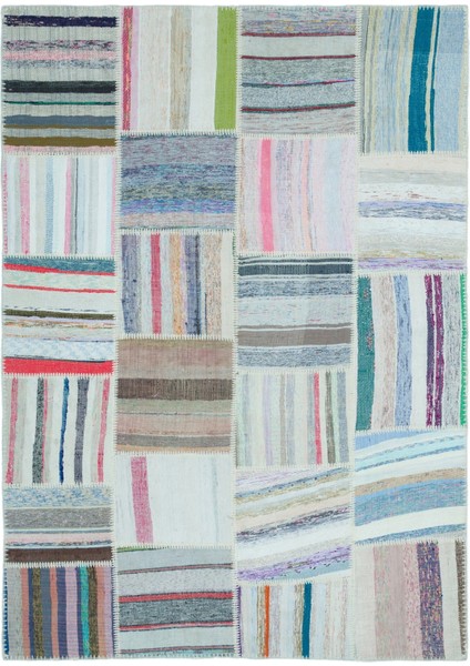 Teselya Mavi Patchwork Yün Modern Desenli Yün Hav Toz Vermez Leke Tutmayan Salon Yolluk Mutfak El Dokuma Halı