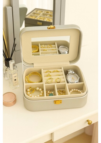 Deri Seyahat Takı Bijuteri Mücevher Kutusu Organizer Düzenleyici 20CM Gri Ithal Ürün