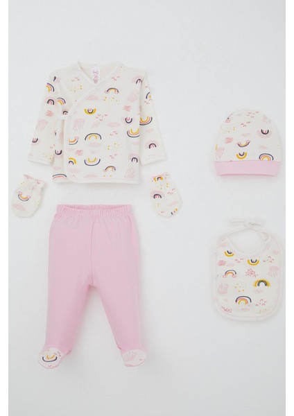 Kız Bebek Hastane Çıkışı 5 Li Gökyüzü Temalı Bulut Desenli 0-3 Ay, Ekru