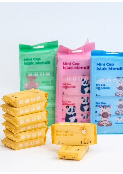 Sevimli Desenli Cep Islak Mendil 1 Adet 8’li Paket hijyenik Çocuk ve Bebek Için Taşınabilir Cep Boy