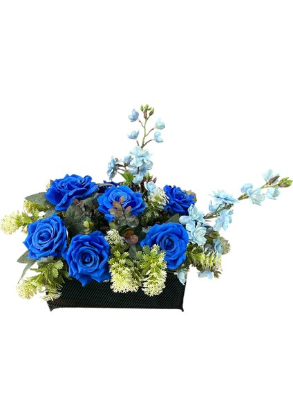Siyah Metal Sepette Mavi Gül Aranjmanı 40X25 cm Dekoratif Yapay Çiçek ve Hediye Seçeneği