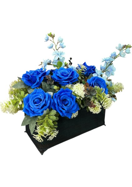 Siyah Metal Sepette Mavi Gül Aranjmanı 40X25 cm Dekoratif Yapay Çiçek ve Hediye Seçeneği modelleri
