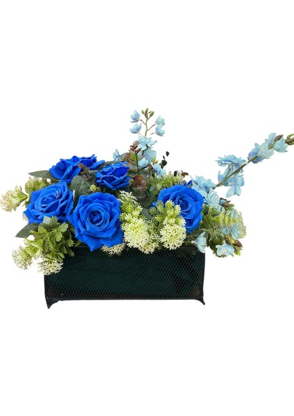 Siyah Metal Sepette Mavi Gül Aranjmanı 40X25 cm Dekoratif Yapay Çiçek ve Hediye Seçeneği fırsatları