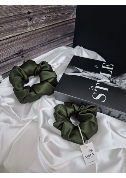 2'li Lüks Kadın Saten Toka - Haki Esintisi - Lastik Model Scrunchie - Anne Kız Kombini fiyatları