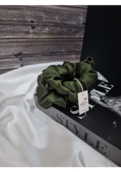 2'li Lüks Kadın Saten Toka - Haki Esintisi - Lastik Model Scrunchie - Anne Kız Kombini modelleri