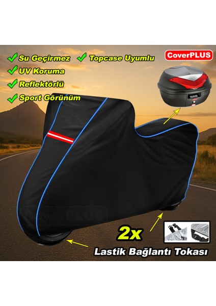 Mondial 125 Mc Roadracer Pro Arka Çanta Uyumlu Branda Siyah Mavi-Dikişli Reflektörlü Motosiket Brandası Motor Örtüsü Çadır Su Geçirmez Motosiklet Kılıfı Motor Brandası fiyatları