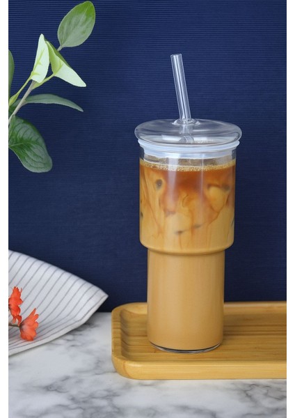 Pinterest Pipetli Cam Kapaklı Bardak 500 ml Kahve ve Sunum Bardağı I Kokteyl Bardak