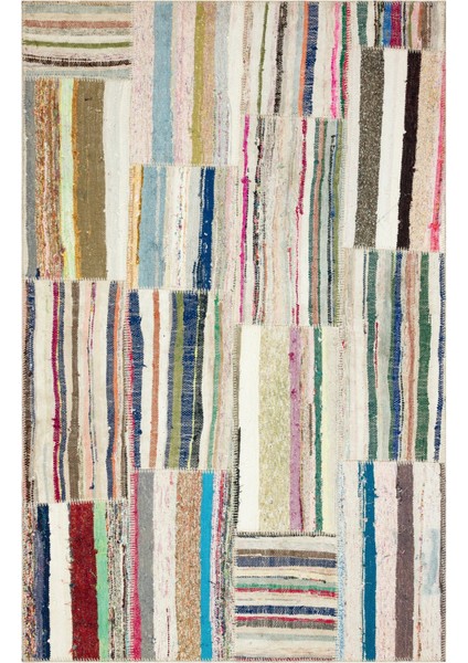 Teselya Bej Patchwork Yün Modern Desenli Yün Hav Toz Vermez Leke Tutmayan Salon Yolluk Mutfak El Dokuma Halı