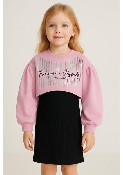 Kız Çocuk Ikili Takım Elbise – Siyah Elbise ve Pembe Sweatshirt, Şık Günlük Kombin, Kız Çocuk Elbise