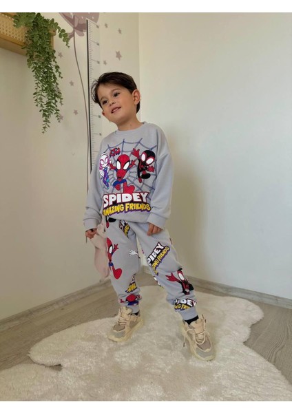 Örümcek Adam Detaylı 3 Ip Şardonsuz Erkek Çocuk Kışlık Mavi Eşofman Takımı