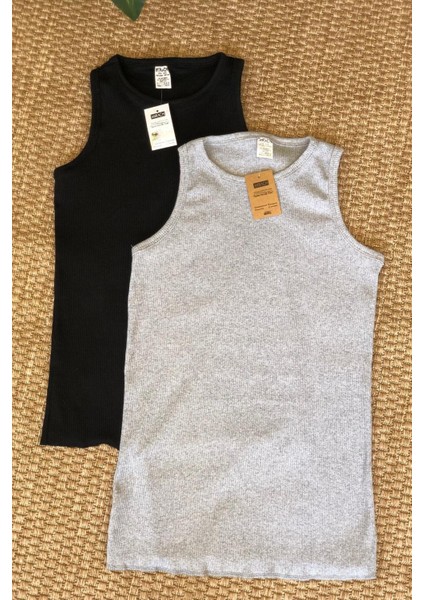 Mırach 2'li Paket Fitilli Atlet Bluz - Gri ve Siyah