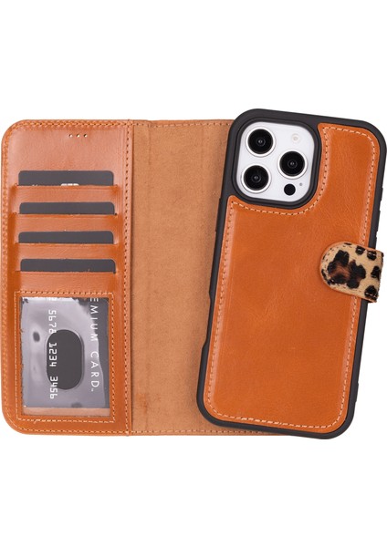 Bloomcase Apple iPhone 16 Pro Max – Leopard Hakiki Deri Cüzdanlı Telefon Kılıfı