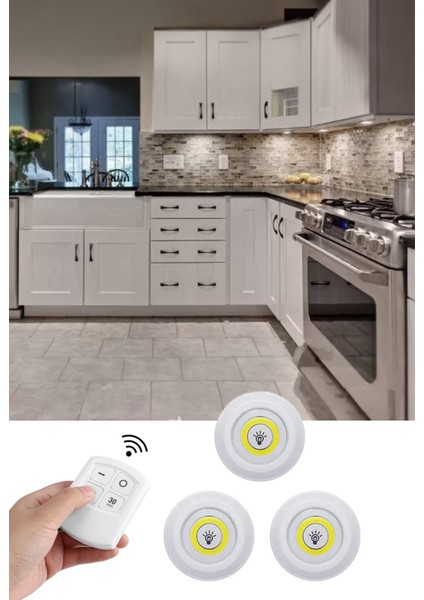 Uzaktan Kumandalı 3 Lü Spot LED Lamba Kablosuz Pilli Işıldak Dolap Işığı Mutfak Rafı Işığı