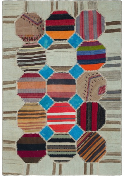 Teselya Mor Patchwork Yün Modern Desenli Yün Hav Toz Vermez Leke Tutmayan Salon Yolluk Mutfak El Dokuma Halı