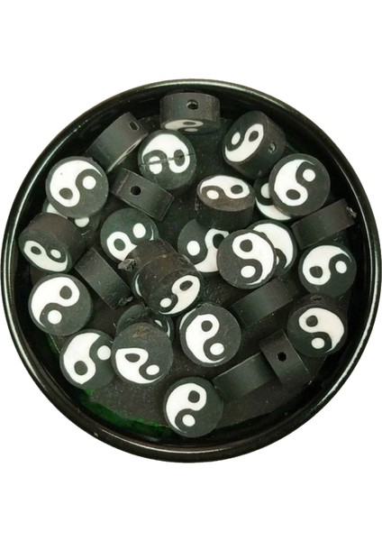 90 Adet 10 mm Polimer Kil Fimo Boncuk Takı Bileklik + 5 Metre Lastikli Misina Hediye - Yin Yang modelleri