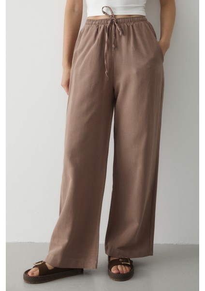 Sütlü Kahve Beli Lastikli Bol Paça Pantolon - 2813