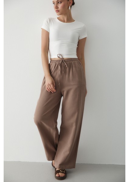 Sütlü Kahve Beli Lastikli Bol Paça Pantolon - 2813 fırsatları