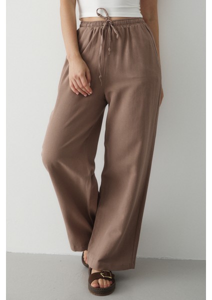 Sütlü Kahve Beli Lastikli Bol Paça Pantolon - 2813 indirimleri