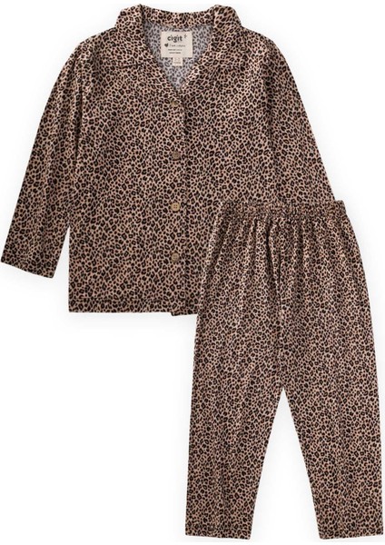 Dökümlü Gömlek Yaka Pijama Takım 8-12 Yaş Leopar Desen