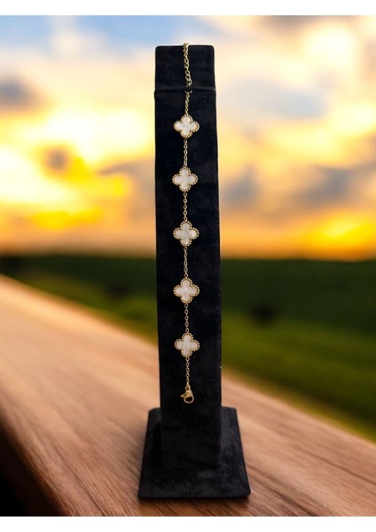 Altın Beyaz Yapraklı Yonca Çelik Bileklik CNS094-1