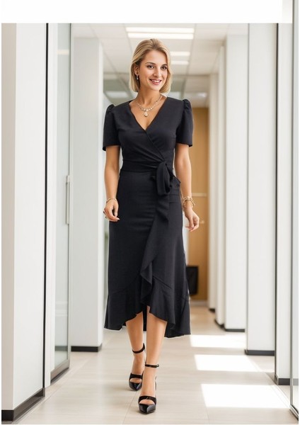 Kadın Kruvaze Yaka Midi Boy Kuşaklı Krep Elbise 120 cm Siyah-2xl fiyatları