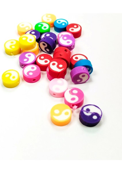 90 Adet 10 mm Polimer Kil Fimo Boncuk Takı Bileklik + 5 Metre Lastikli Misina Hediye - Renkli Yin Yang fiyatları