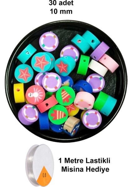 30 Adet 10 mm Polimer Kil Fimo Boncuk Takı Bileklik + 1 Metre Lastikli Misina - Deniz Teması