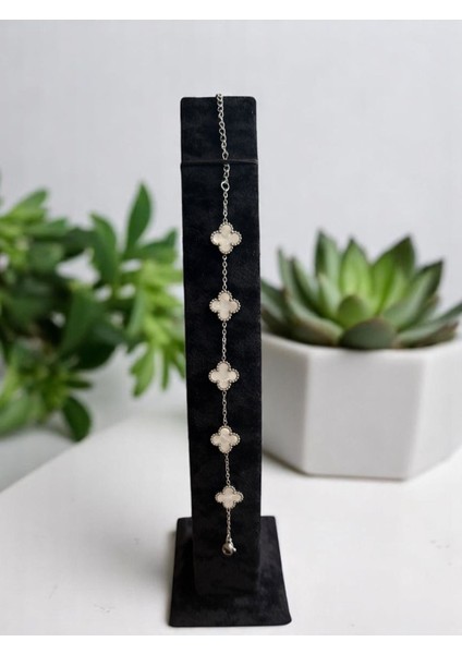 Beyaz Yapraklı Yonca Çelik Bileklik CNS092-1