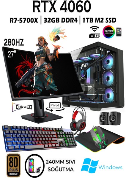 Tcx2 Ryzen 7 5700X 32GB 1tb M.2 SSD RTX4060 8gb 27'' 280HZ Sıvı Soğutma Masaüstü Oyuncu Bilgisayarı