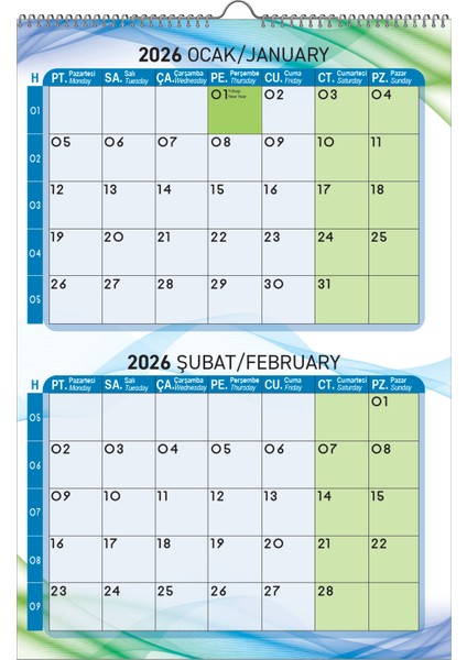 2026 Mavi Duvar Planlama Takvimi 6 Sayfa 33X48 cm