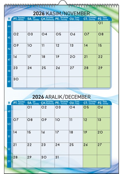 2026 Mavi Duvar Planlama Takvimi 6 Sayfa 33X48 cm