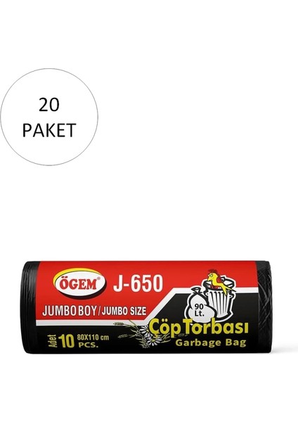 J-500 Jumbo Boy Çöp Torbası 80 x 110 cm 10 Lu Rulo x 20 Paket = 200 Adet (Siyah)