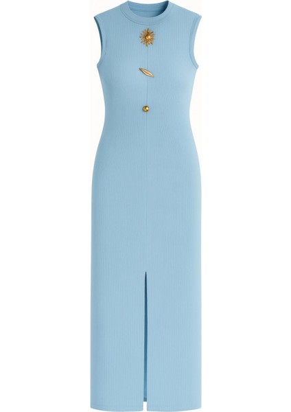 Aksesuar Detaylı Ottoman Kumaş Önü Yırtmaçlı Uzun Kalem Elbise modelleri