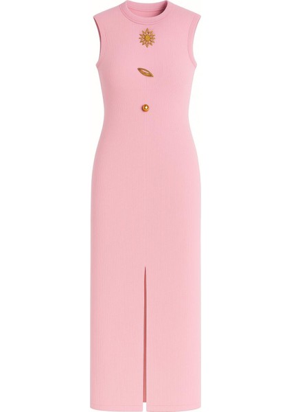 Aksesuar Detaylı Ottoman Kumaş Önü Yırtmaçlı Uzun Kalem Elbise modelleri