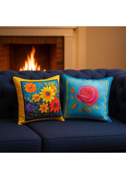 Kırlent Kılıfı 3D Dijital Baskılı 2'li Takım Çiçek Temalı Yastık Kılıfı