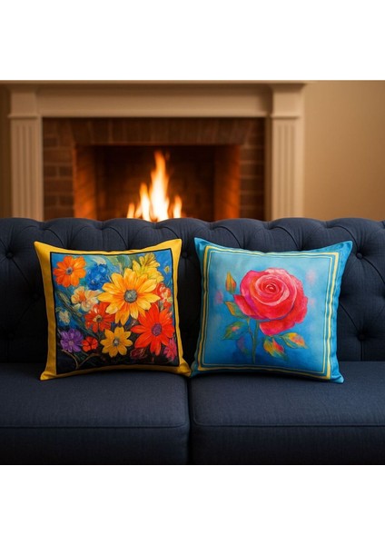 Kırlent Kılıfı 3D Dijital Baskılı 2'li Takım Çiçek Temalı Yastık Kılıfı modelleri