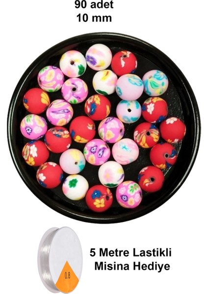 90 Adet 10 mm Polimer Kil Fimo Boncuk Takı Bileklik + 5 Metre Lastikli Misina Hediye - Desenli Yuvarlak
