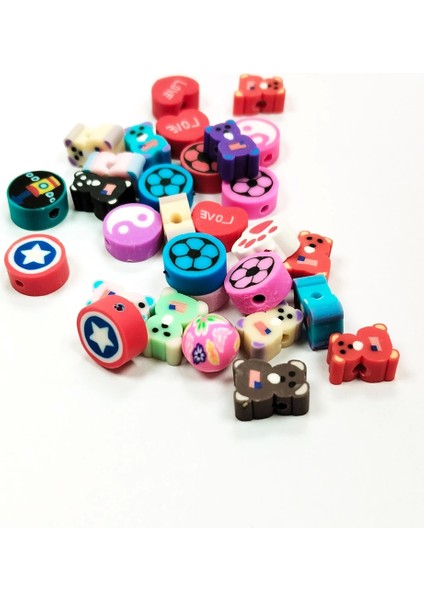 90 Adet 10 mm Polimer Kil Fimo Boncuk Takı Bileklik + 5 Metre Misina Hediye - Karışık - Bayrak - Ayıcık modelleri