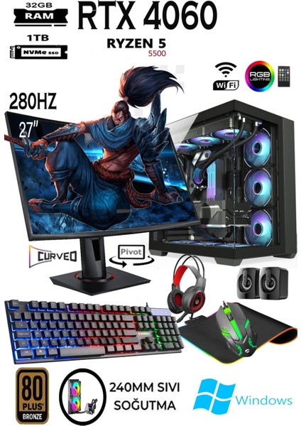 TC28 Ryzen 5 5500 32GB 1tb M.2 SSD RTX4060 8gb 27'' 280HZ Sıvı Soğutma Masaüstü Oyuncu Bilgisayarı
