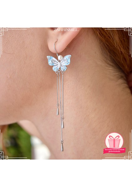 Kadın 925 Ayar Gümüş Inci Sallantılı Kelebek Küpe